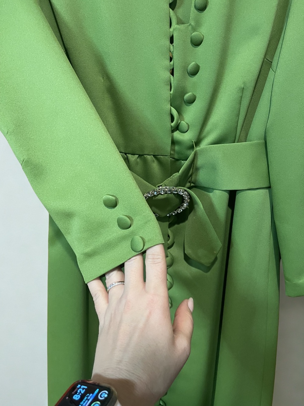 Vintage Olive Green Maxi Dress Covered Buttons Belted Prairie 70s - Picture 4 of 11